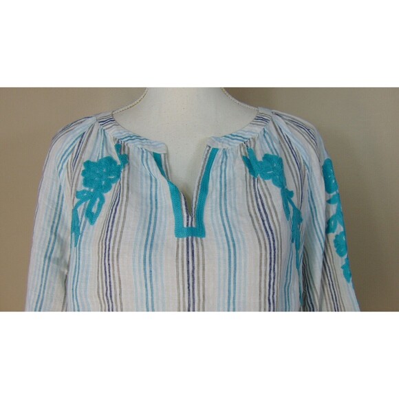J Jill Love Linen Boho Top Womens Medium Embroidered Green 3/4 Sleeve V-Neck M - Picture 2 of 10